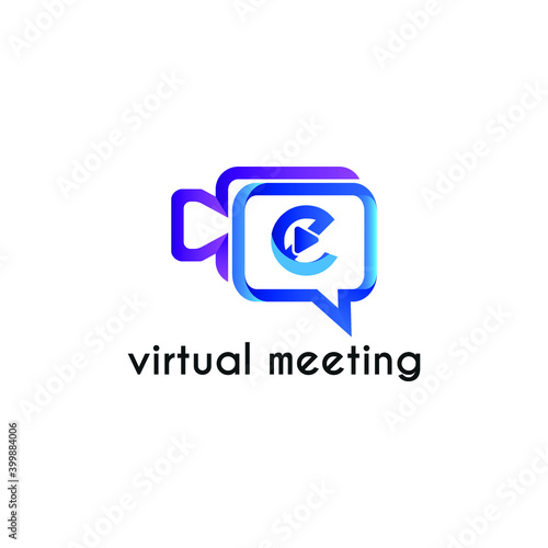 Initial letter e with video call camera chatting icon for online meeting logo concept