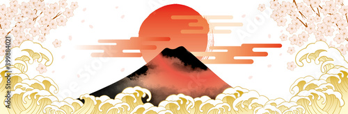 富士山と波の日本　浮世絵イメージ