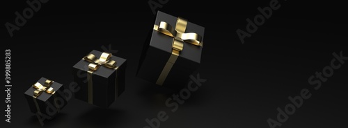 Black closed gift boxes with gold ribbon on black background. 3D illustration. 3D CG. 3D high quality rendering.
