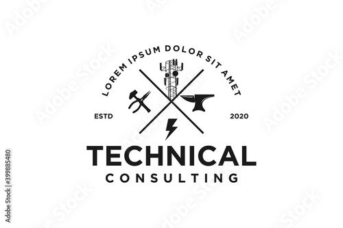 Anvil iron logo electrical technical, design hammer pliers element. industrial blacksmith forging icon. 