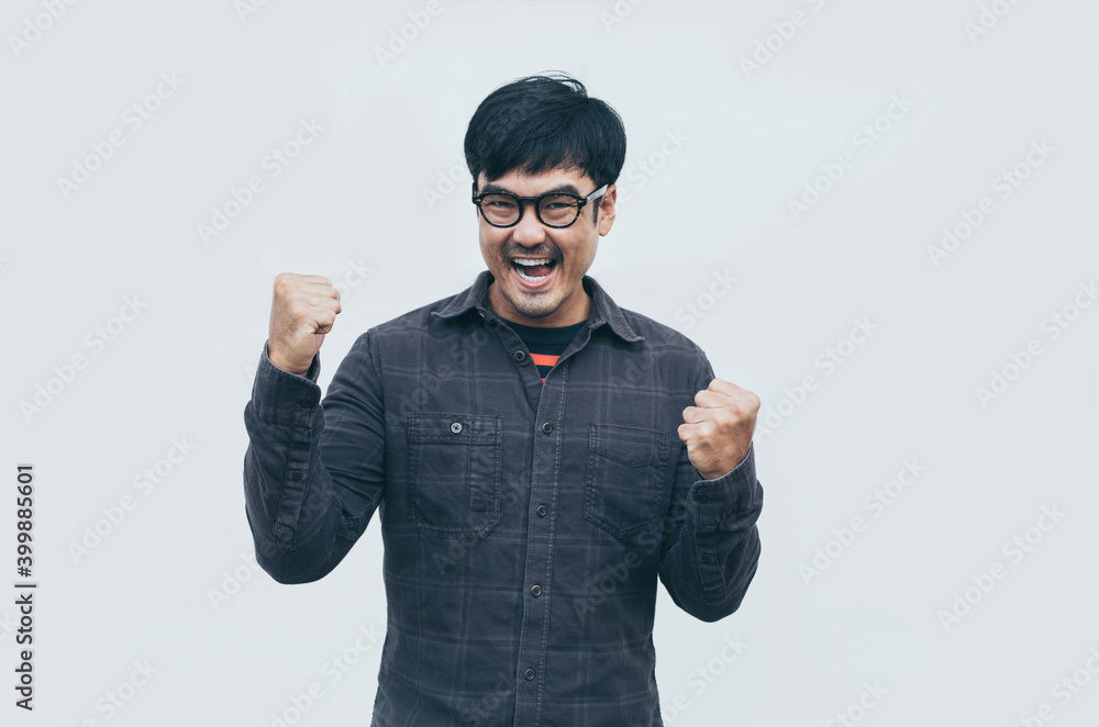 Fototapeta premium adult asian man.young male wear eye glasses.posing smiling look excited surprised thinking positive happy joy life.empty,copy space for text advertising.white background.attractive fashion people