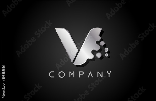 V metallic grey letter logo icon with bubble shapes. Creative alphabet design for company and business