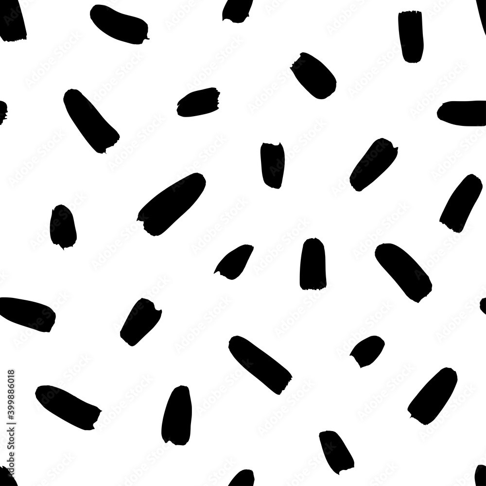 Ink brush stains vector seamless pattern. Dirty black paint brush strokes decorative texture. Grungy daub, chaotic brushstrokes on white background. Creative wallpaper, monochrome textile print design Ink brush stains vector seamless pattern. Dirty black paint brush strokes decorative texture. Grungy daub, chaotic brushstrokes on white background. Creative wallpaper, monochrome textile print design