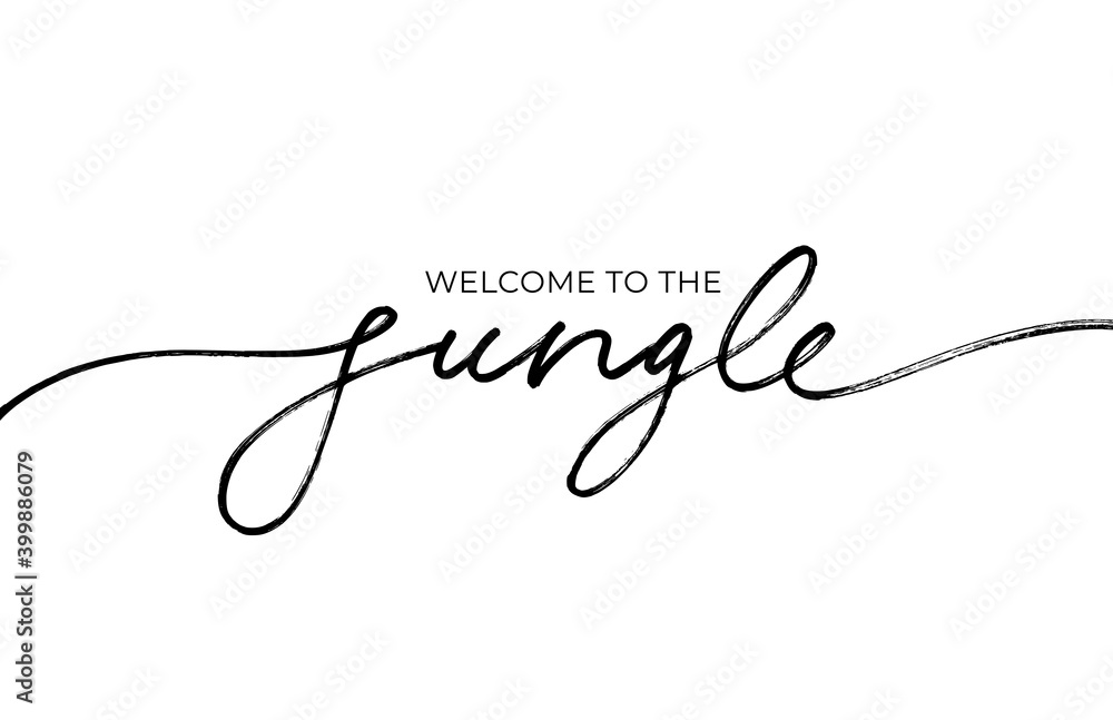 Welcome to the Jungle ink line vector lettering. Modern slogan handwritten vector calligraphy with swooshes. Black paint lettering isolated on white background. Postcard, greeting card, t shirt print. Welcome to the Jungle ink line vector lettering. Modern slogan handwritten vector calligraphy with swooshes. Black paint lettering isolated on white background. Postcard, greeting card, t shirt print.