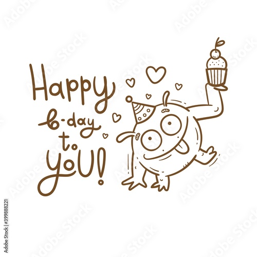 Birthday card  with cute cartoon monster. Creature in party hats. Vector doodle poster. Little funny animal print. Сake and gift.