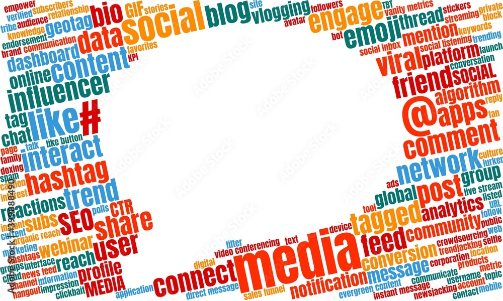 Bright and colorful word cloud made up of social media terms, forms a border, frame around a blank speech bubble, invites conversation, space for copy, text