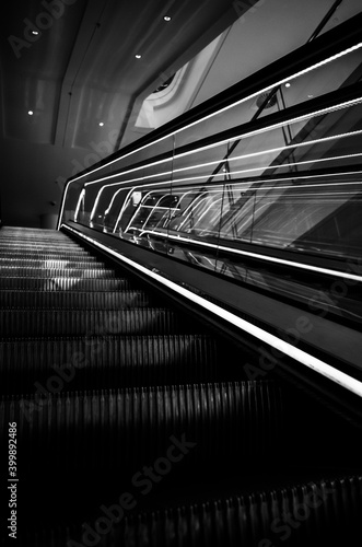 black and white escalator