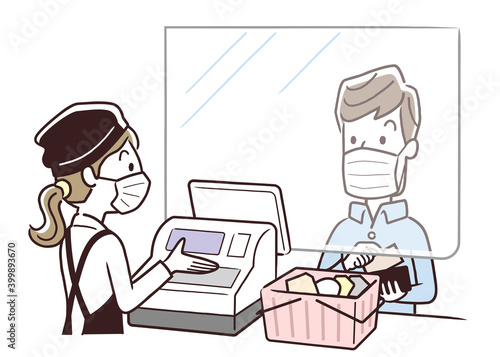 ベクターイラスト素材：スーパー、レジ、パーテーション、マスク、感染対策
