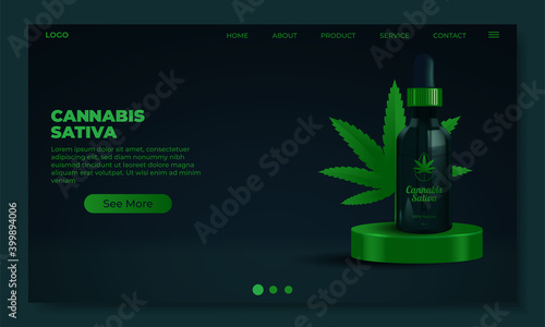 CBD oil website page template with realistic 3d oil dropper bottle and cannabis leaf. Realistic style.