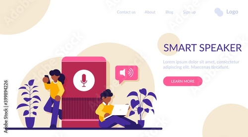User with voice controlled smart speaker or voice assistant. Voice activated digital assistants, home automation hub, internet of things concept. Modern flat illustration.