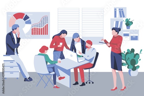 Business team working together. Group of people brainstorming, negotiating, searching for new ideas. Office workers characters business activity concept flat vector illustration
