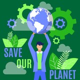 Save our planet banner. Man holding Earth globe over his head, environment protection, conservation of nature, eco friendly lifestyle. Earth Day poster flat vector illustration