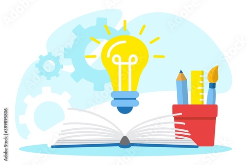Light bulb and educational supplies. Creative thinking, e-learning. Back to school, education concept flat vector illustration