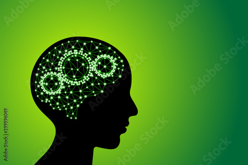 3d digital green glowing particles lines and dots polygonal plexus human brain with gears, go green and zero waste concept, scientific technology stock vector illustration clip art with copy space