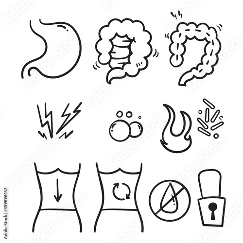 hand drawn Symptoms of abdominal disease flat line icons set in doodle style vector isolated