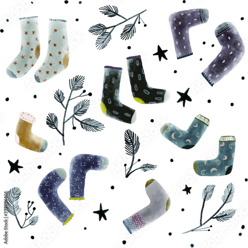 Christmas stockings illustrations vector set by watercolor style. Winter pattern vector set design.