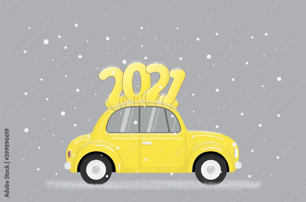 Obraz premium yellow retro car with 2021 text on roof in modern trendy illuminating and ultimate gray colors of pantone color of the year 2021, flat textured shadow style, stock vector illustration clip art