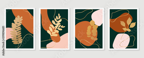 Botanical and gold abstract wall arts vector collection.  Golden and luxury pattern design with leaves line arts, Hand draw Organic shape design for wall framed prints, canvas prints, poster, home dec