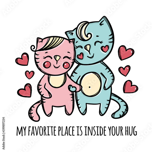 CATS IN LOVE Happy Loving Cats Holding Hands Around Them Fly Red Hearts Cartoon Animals Hand Drawn Clip Art With Handwriting Text Vector Illustration For Print