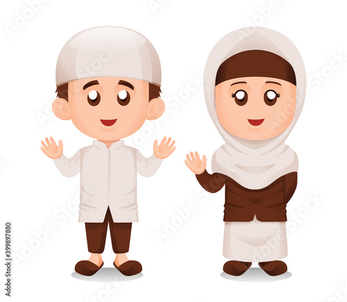 Set of Simple Cute Muslim or Moslem Kids Boy and Girl Smile and Waving Hand Illustration Concept