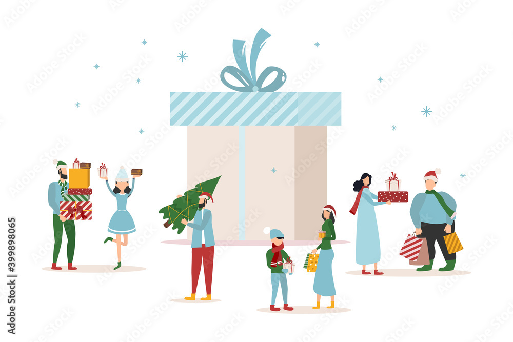 Christmas new year banner sale poster and flyer with giant gift boxes and small people men. vector Christmas new year banner sale poster and flyer with giant gift boxes and small people men. vector