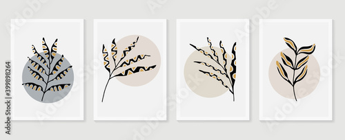 Botanical and gold abstract wall arts vector collection.  Golden and luxury pattern design with leaves line arts, Hand draw Organic shape design for wall framed prints, canvas prints, poster, home dec