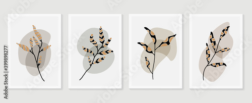 Botanical and gold abstract wall arts vector collection.  Golden and luxury pattern design with leaves line arts, Hand draw Organic shape design for wall framed prints, canvas prints, poster, home dec
