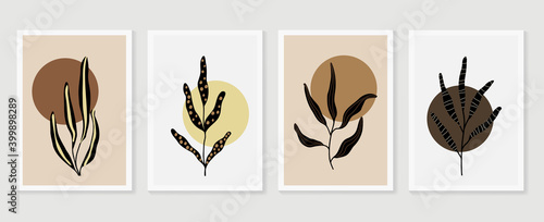 Botanical and gold abstract wall arts vector collection.  Golden and luxury pattern design with leaves line arts, Hand draw Organic shape design for wall framed prints, canvas prints, poster, home dec
