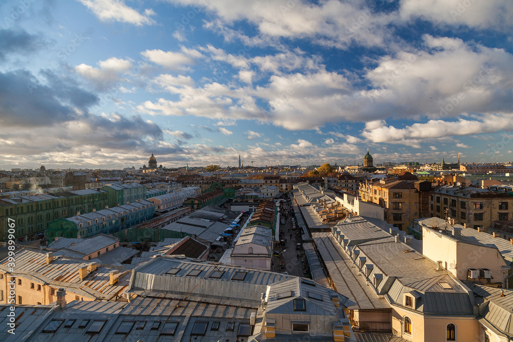 Cityscape of Saint Petersburg over the building roofs in a cloudy day