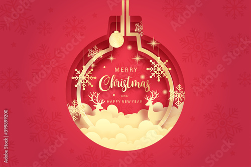 Christmas card with reindeer and snowball, paper cut vector illustration