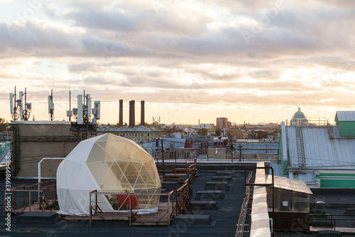 Plastic dome-tent on the roof in St. Petersburg