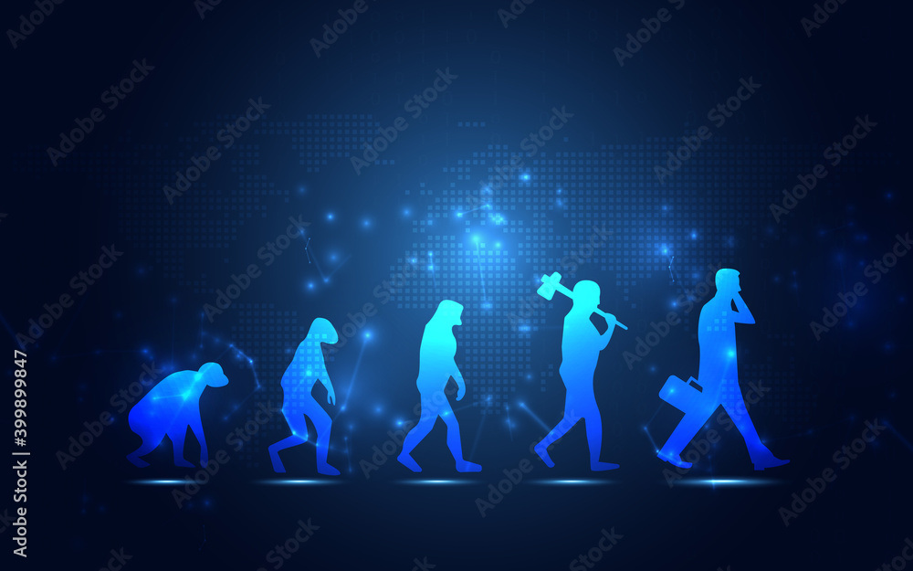 Abstract Human evolution digital transformation innovative of technology life blue background. Business renewal and Powerful transformation startup concept. Development of Homosapien species theme Abstract Human evolution digital transformation innovative of technology life blue background. Business renewal and Powerful transformation startup concept. Development of Homosapien species theme