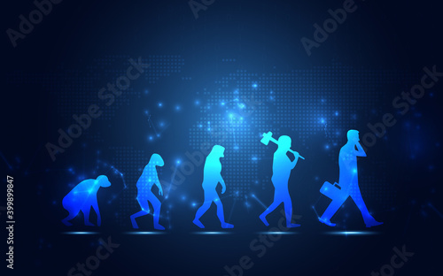 Abstract Human evolution digital transformation innovative of technology life blue background. Business renewal and Powerful transformation startup concept. Development of Homosapien species theme