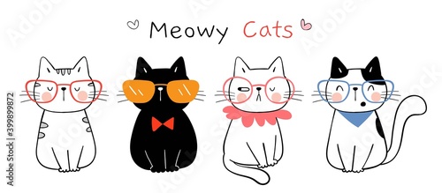 Draw banner funny cat Doodle cartoon style.