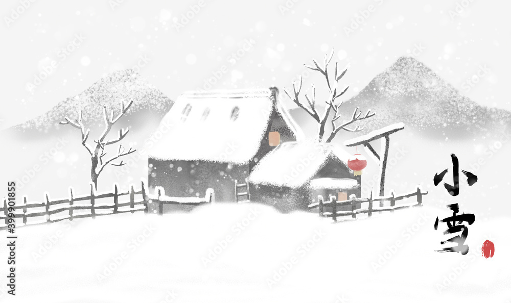 Hand painted winter cottage water ink snow landscape illustration