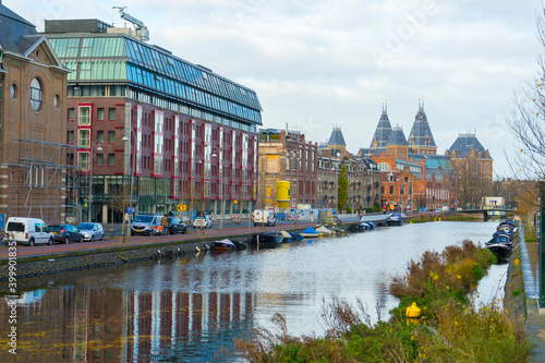 Landscape of Amsterdam with Montessori Lyceum Amsterdam by the canal in Amsterdam  Netherlands