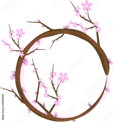 桜の枝で作ったおしゃれで和風なリースのイラスト