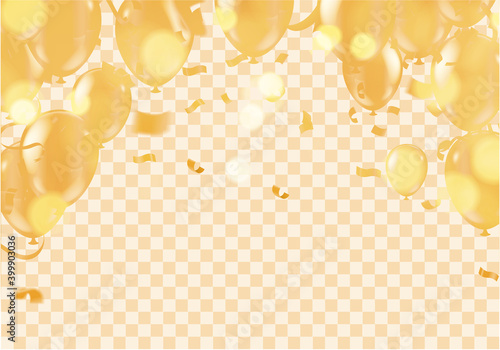 Celebration party banner with golden balloons and serpentine.