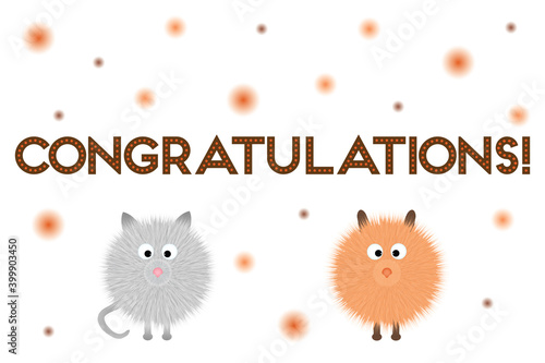 Postcard - congratulations! with fluffy cartoon dogs and cats on a white background.