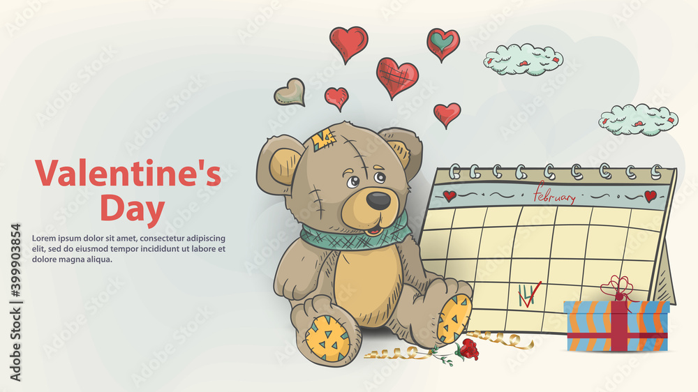 Naklejka premium Greeting card for Valentines Day design illustration in the style of childrens doodle toy teddy bear in a blue scarf sitting next to the calendar