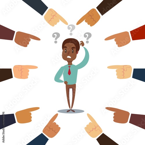 Plenty of crop hands fingers pointing at young man feeling guilty and being introvert. Man character on the knees.Vector flat cartoon illustration