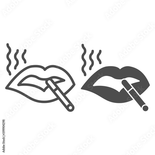 Lips with cigarette line and solid icon, smoking concept, Lips with fiered cigarette sign on white background, Vector graphics.