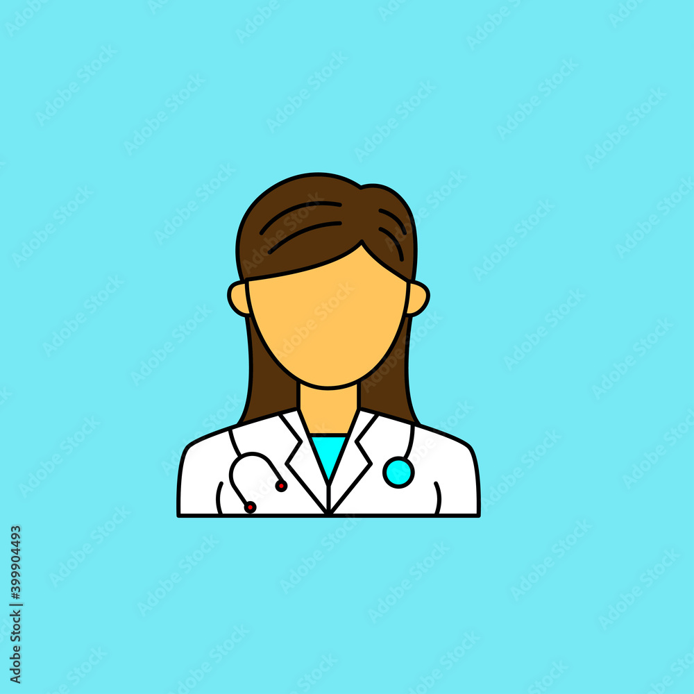 Fototapeta premium Simple female doctor avatar vector illustration isolated on blue background. Linear color style of female doctor icon