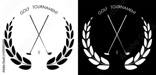 symbol, emblem of golf club with laurel wreath for competition. Golfer sports equipment. Active lifestyle. Vector