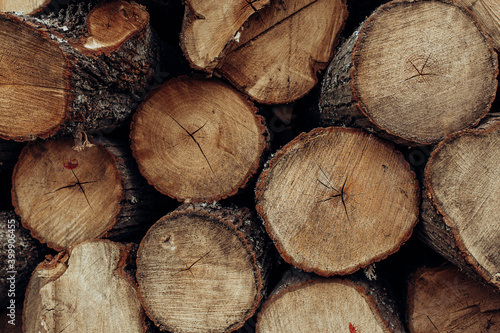 Piles of wooden boards in the sawmill, planking. 