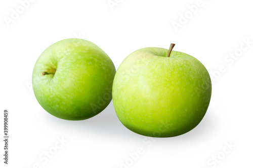 Closeup green apple with slice isolated on white background, fruit for healthy diet concept