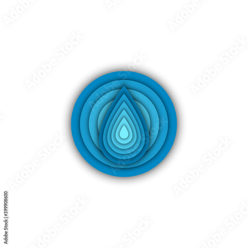 Water drop round shape logo eco sticker, creative aqua emblem, blue gradient with 3d effect.