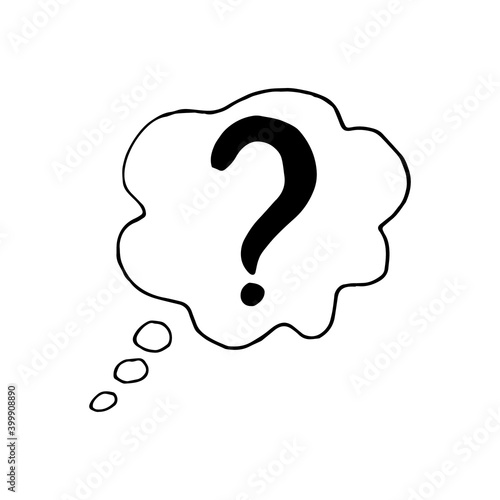question mark in a cloud icon. sketch hand drawn doodle style. vector minimalism monochrome. problem.
