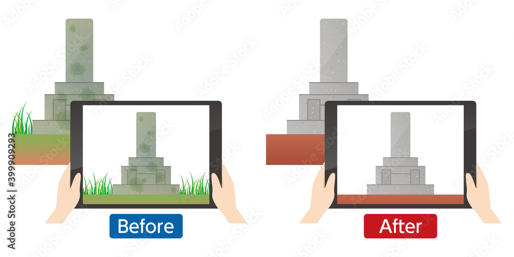 Obraz premium お墓掃除代行サービスでビフォーアフターの写真を撮影