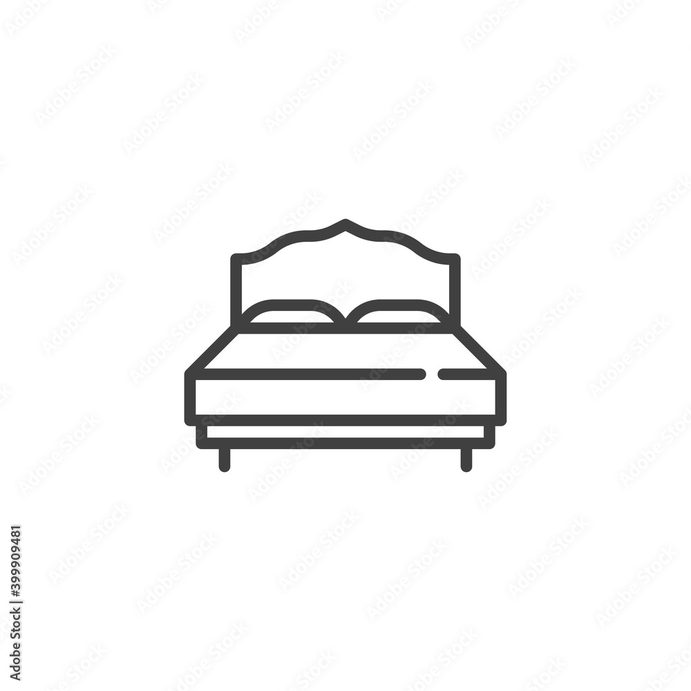 Double bed line icon. linear style sign for mobile concept and web design. Bed with pillows outline vector icon. Furniture symbol, logo illustration. Vector graphics Double bed line icon. linear style sign for mobile concept and web design. Bed with pillows outline vector icon. Furniture symbol, logo illustration. Vector graphics